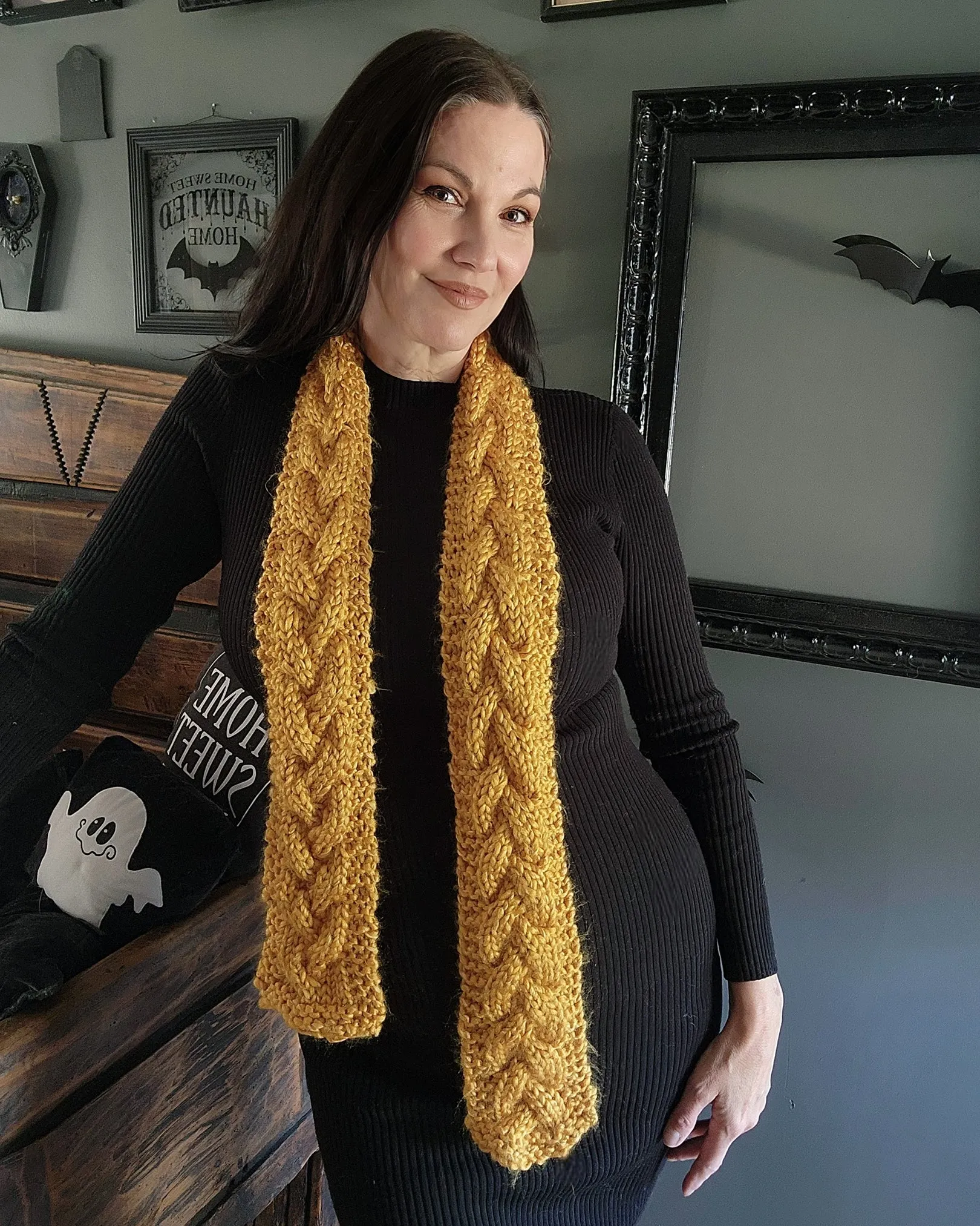 Hand Knit Cable Scarf in Mustard Yellow, the "Candlelight"