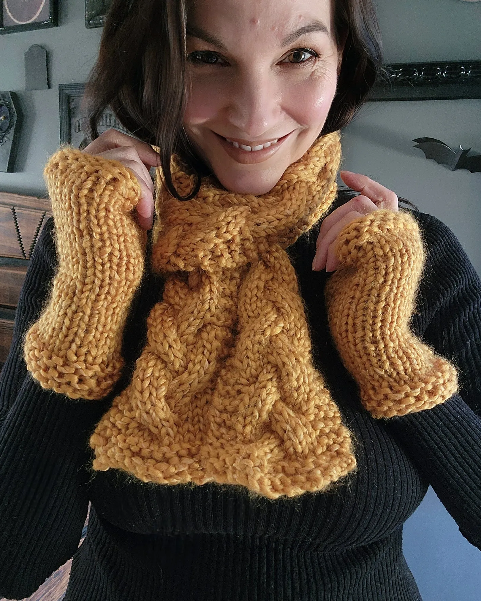 Hand Knit Cable Scarf in Mustard Yellow, the "Candlelight"