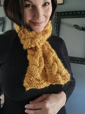 Hand Knit Cable Scarf in Mustard Yellow, the "Candlelight"