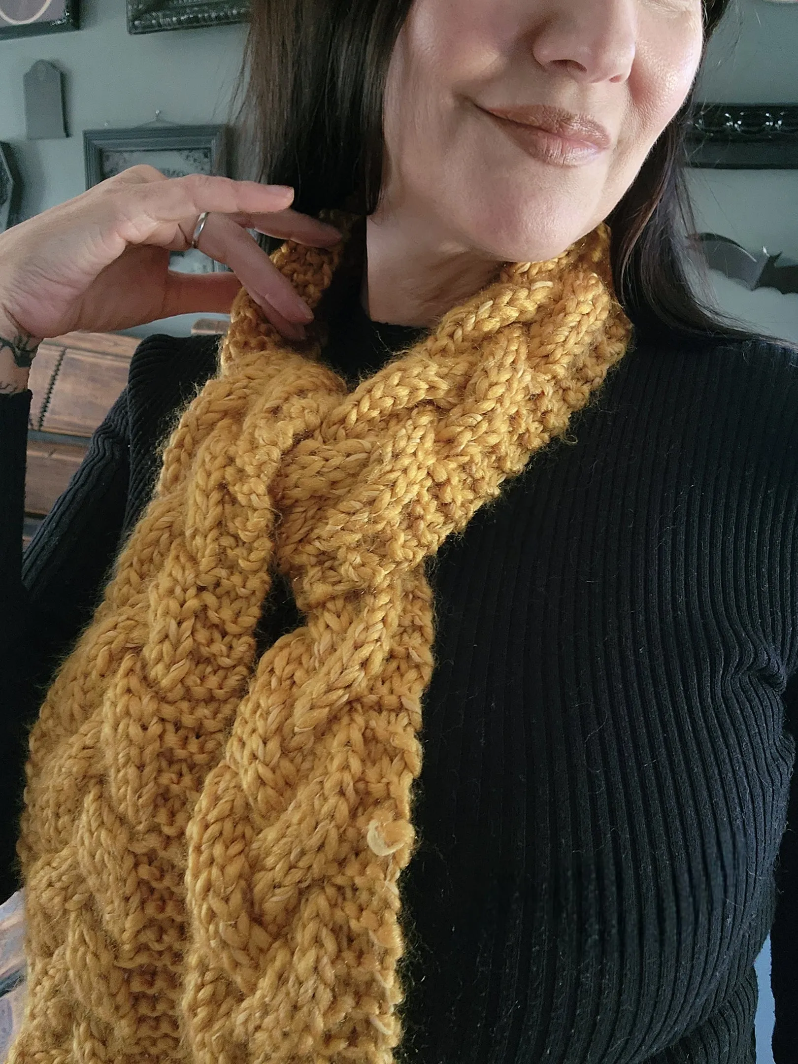 Hand Knit Cable Scarf in Mustard Yellow, the "Candlelight"