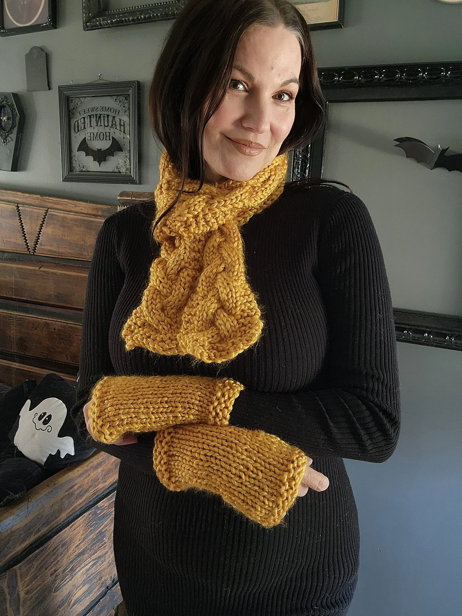 Hand Knit Cable Scarf in Mustard Yellow, the "Candlelight"