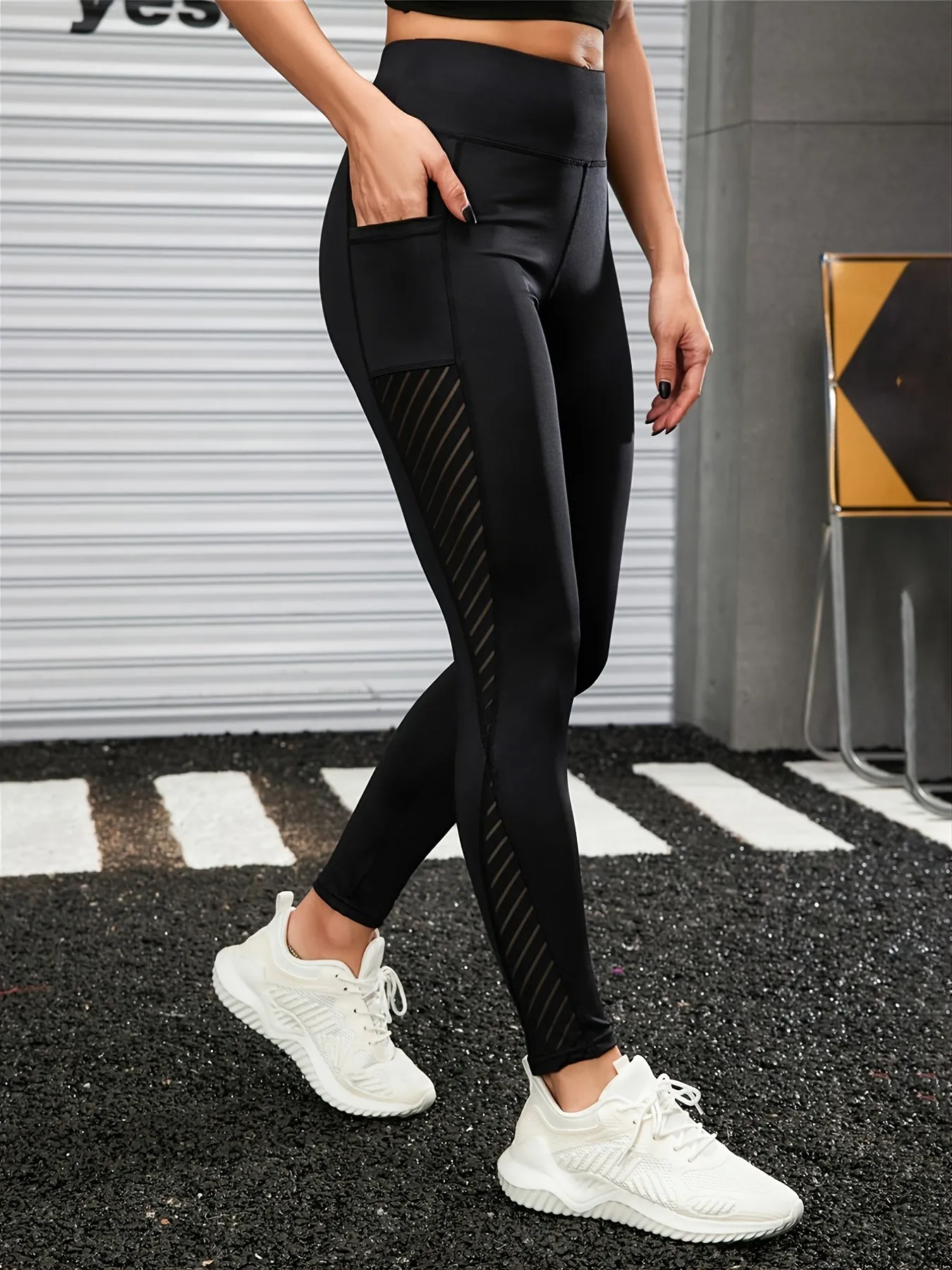 High Waist Mesh Yoga Leggings Cut Out Stretchy Sports Fitness Leggings