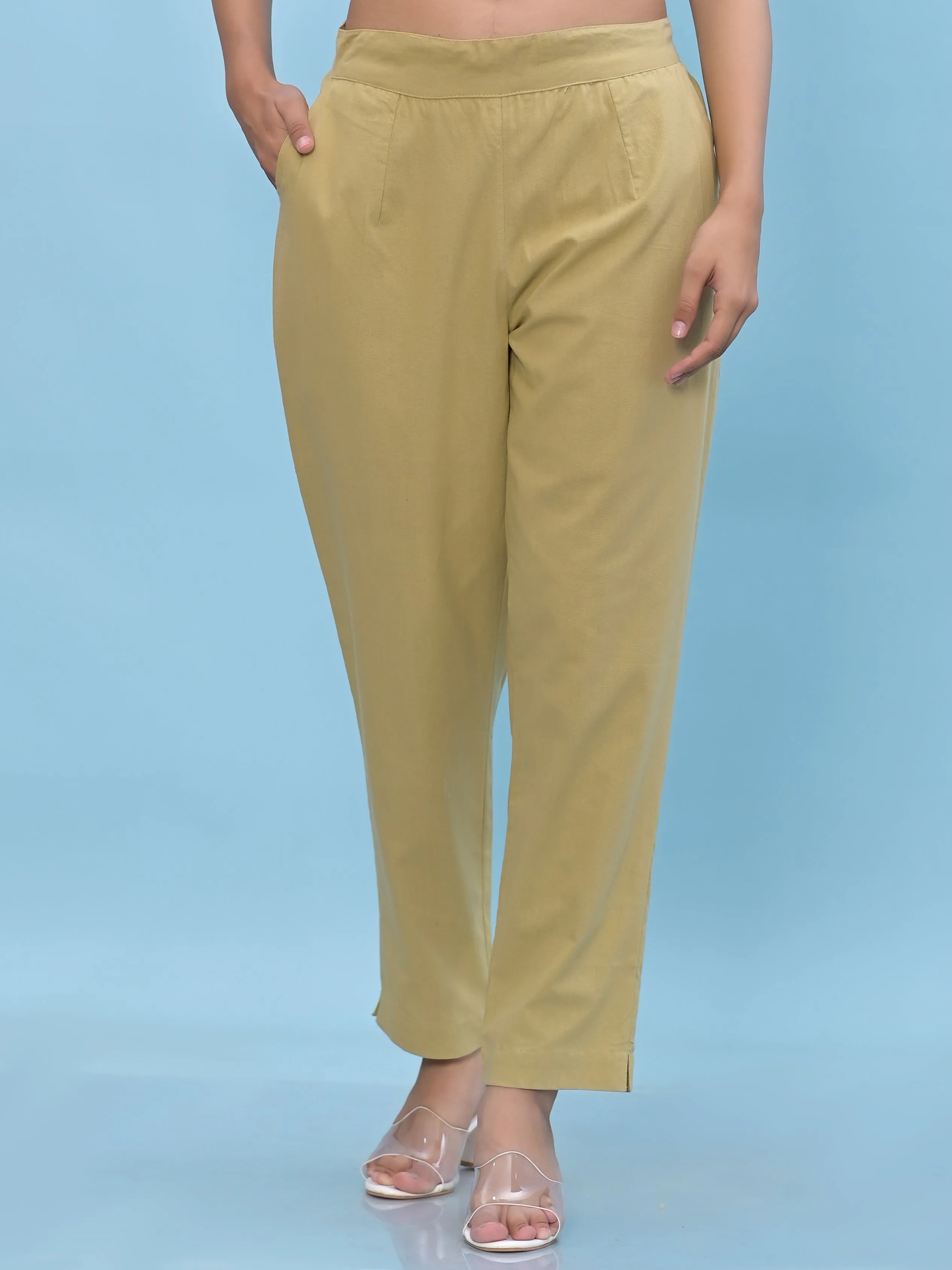 Jashvi Women Olive Solid Cotton Pants with Partially Elasticated Waistband and Two Side Pockets