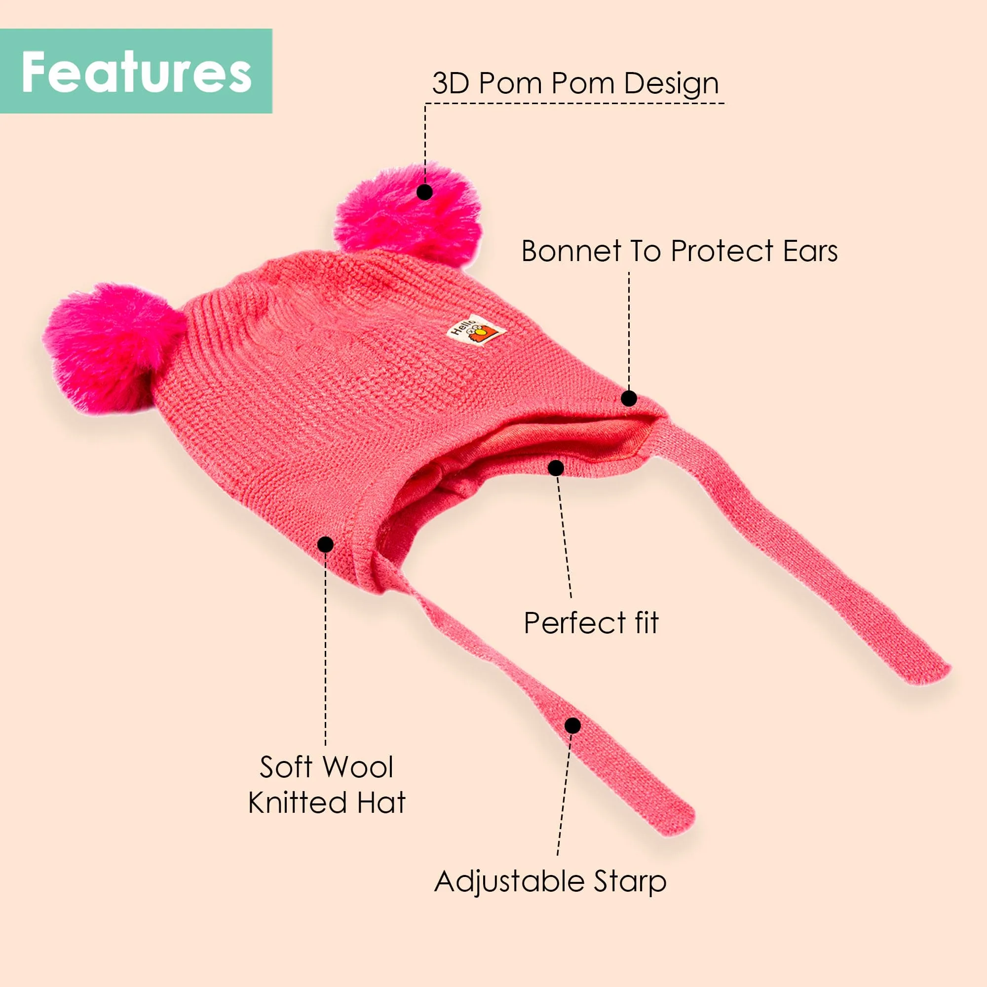 Knit Woollen Cap With Tie Knot For Ear Protection Solid Pink