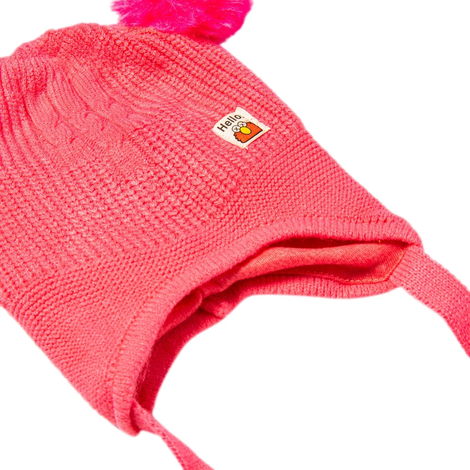 Knit Woollen Cap With Tie Knot For Ear Protection Solid Pink