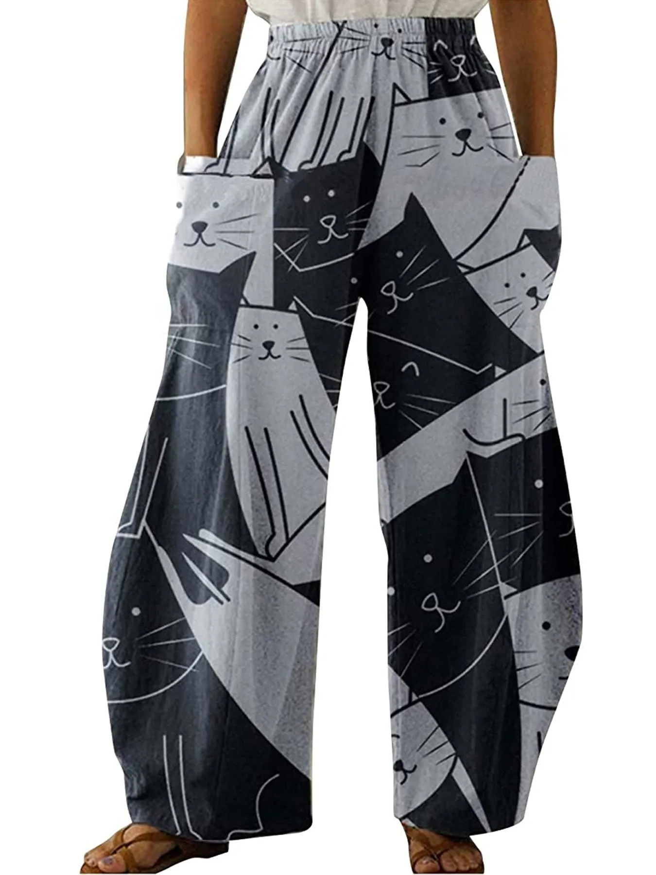 Linen Mid Waist Cat Print Pocket Long Length Pants