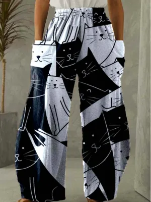 Linen Mid Waist Cat Print Pocket Long Length Pants