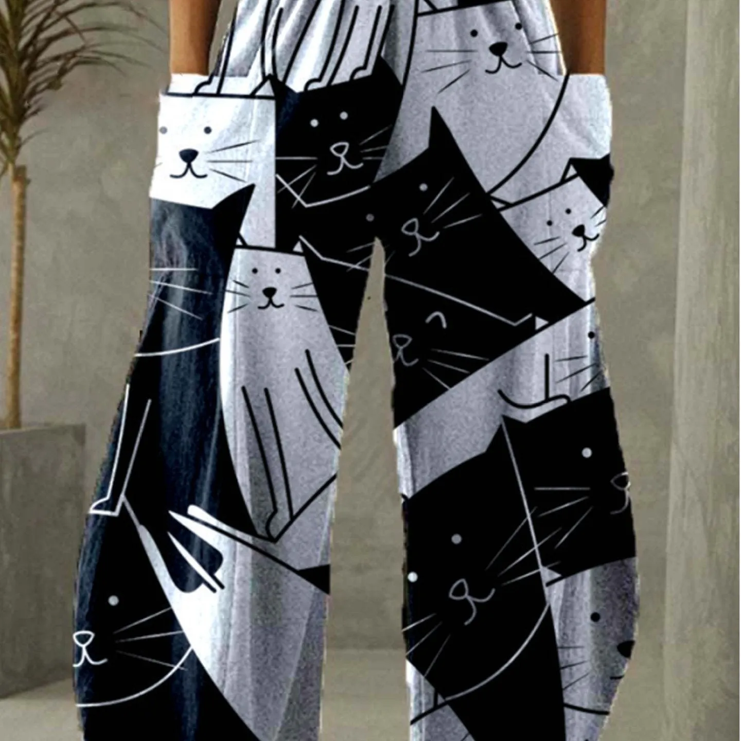 Linen Mid Waist Cat Print Pocket Long Length Pants