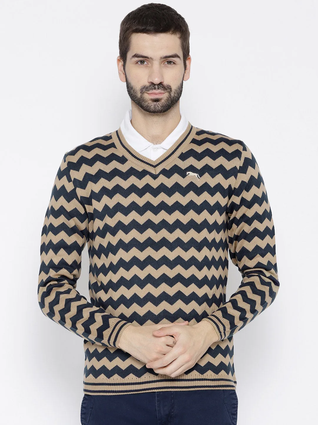 Men Navy Blue Colourblocked Pullover