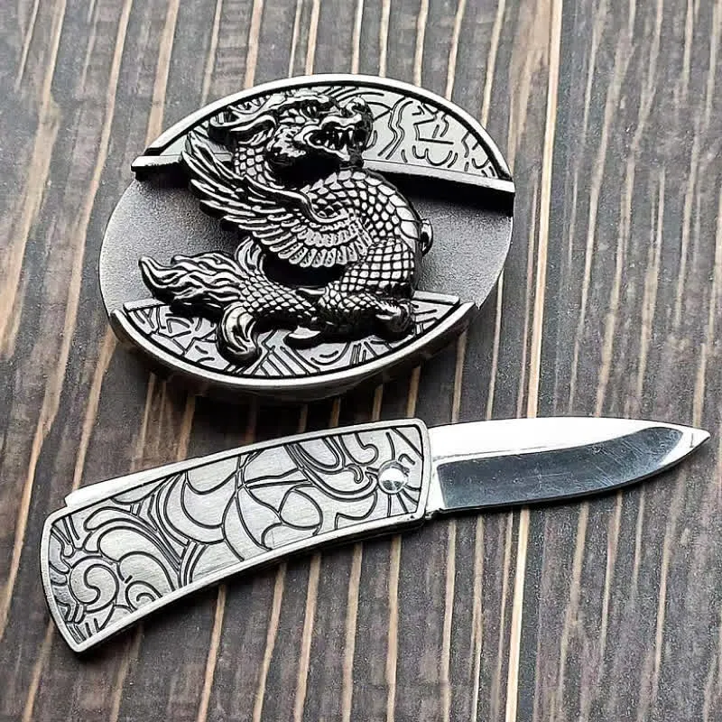 Men's DIY Flying Dragon Hidden Folding Knife Leather Belt