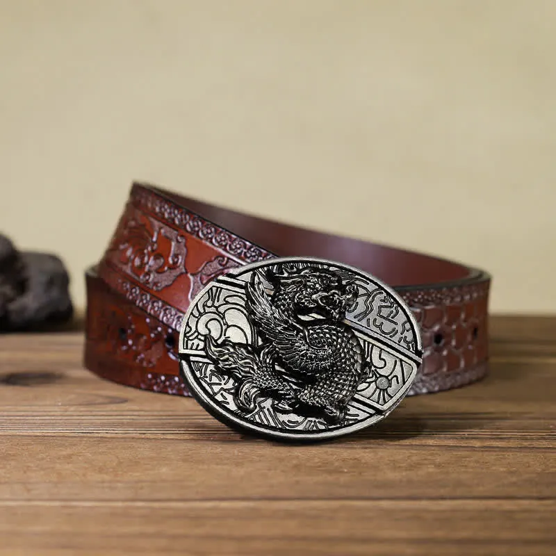 Men's DIY Flying Dragon Hidden Folding Knife Leather Belt