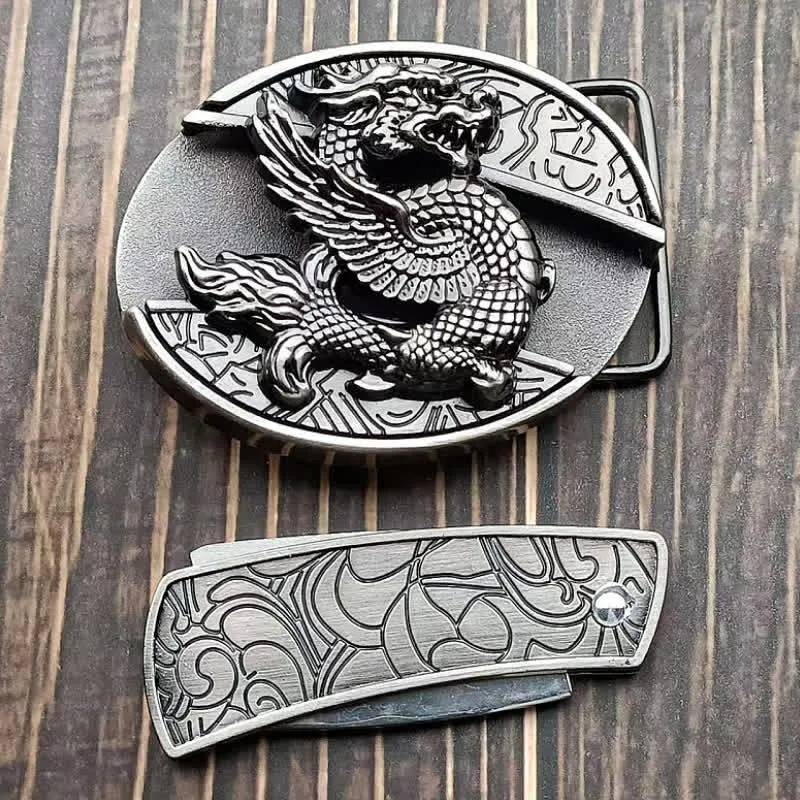 Men's DIY Flying Dragon Hidden Folding Knife Leather Belt