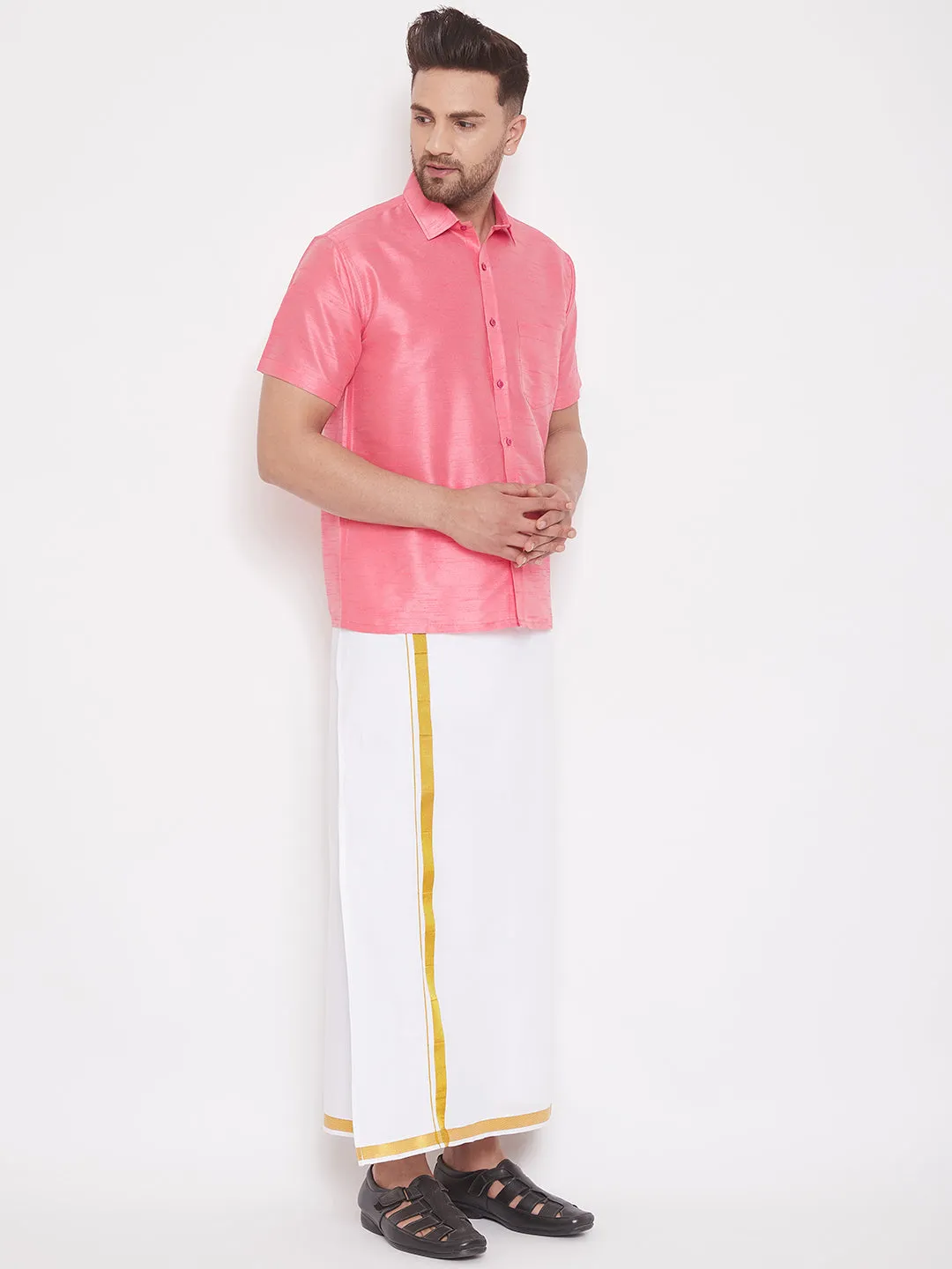 Men's Pink And White Silk Blend Shirt And Mundu - Vastramay