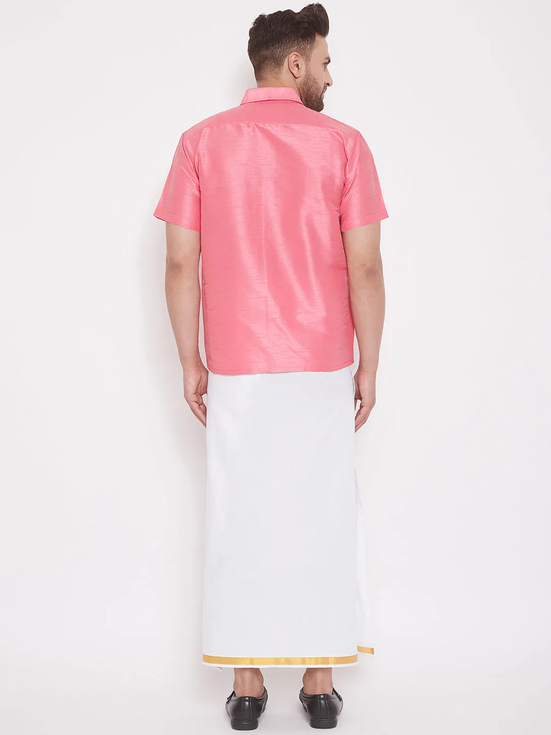 Men's Pink And White Silk Blend Shirt And Mundu - Vastramay