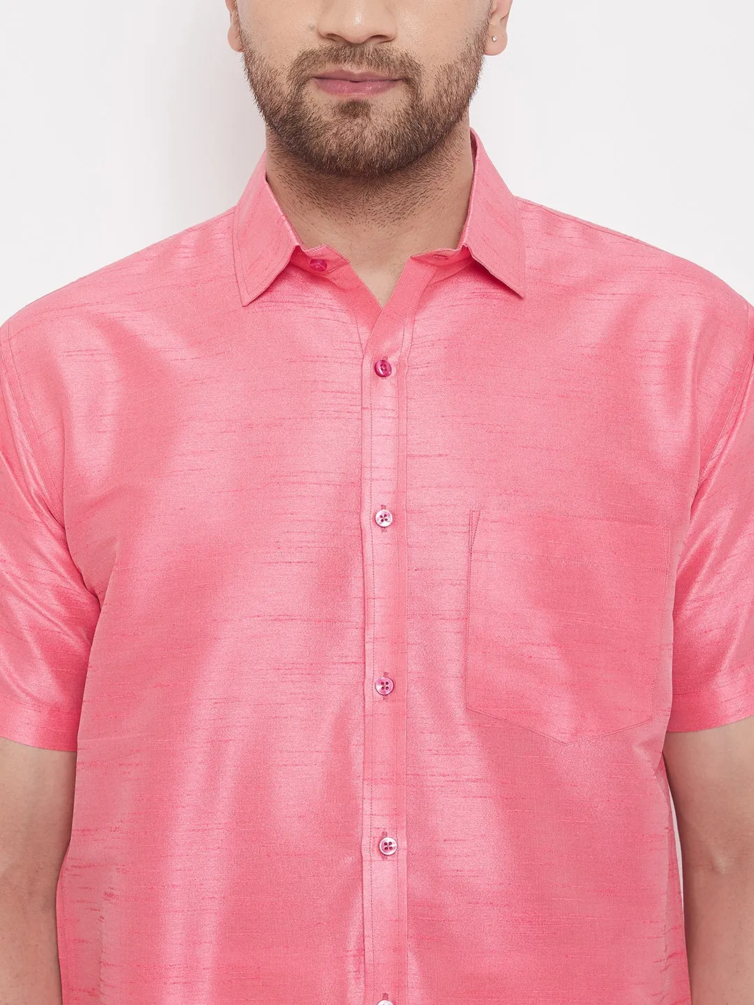 Men's Pink And White Silk Blend Shirt And Mundu - Vastramay