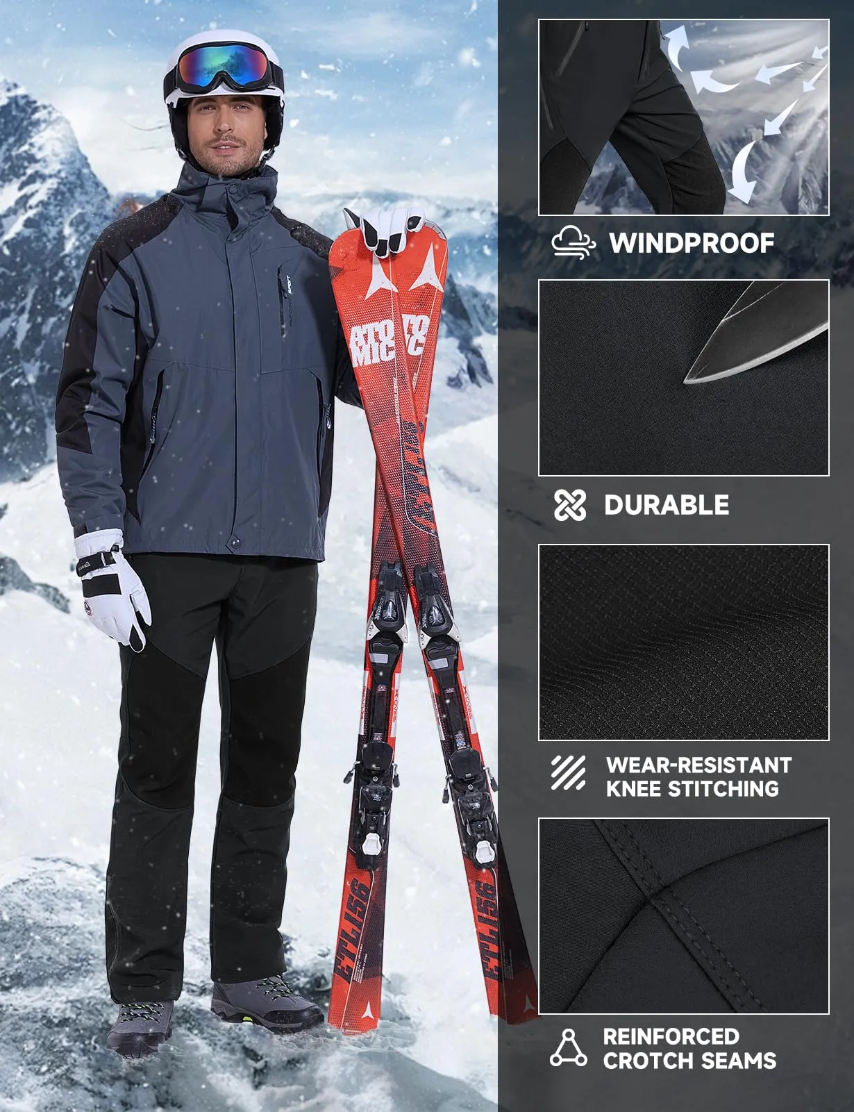 Men's Snow Ski Pants Fleece Lined Waterproof Winter Softshell Pant