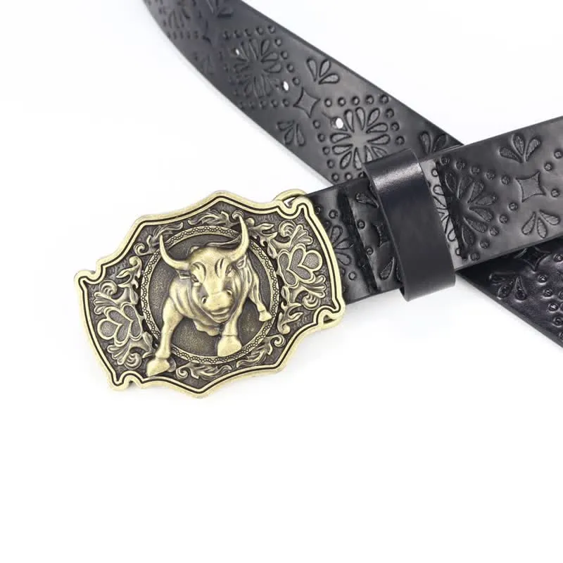 Men's Yak Matador Bull Decor Leather Belt