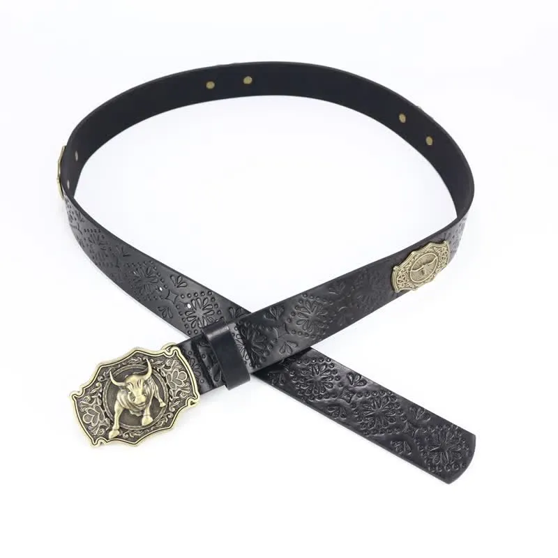 Men's Yak Matador Bull Decor Leather Belt