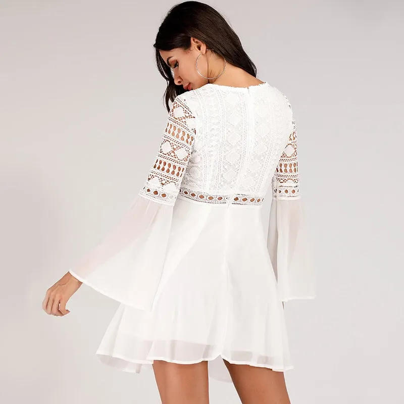 Mini V Neck Hollow Out Chiffon  Criss Cross Plunge Long Sleeve Crochet White Lace Dress