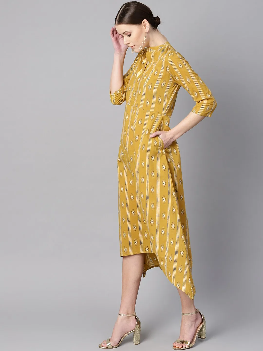 Mustard yellow color ikat printed chinese collar dress with placket opening.