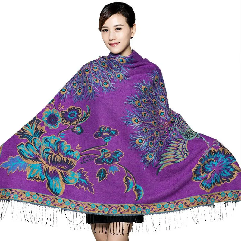 National Style Thickened Phoenix Double-sided Jacquard Cashmere Square Scarf Ladies Air Conditioning Shawl Scarf Dual-use.