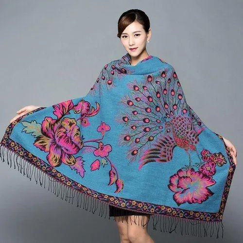 National Style Thickened Phoenix Double-sided Jacquard Cashmere Square Scarf Ladies Air Conditioning Shawl Scarf Dual-use.