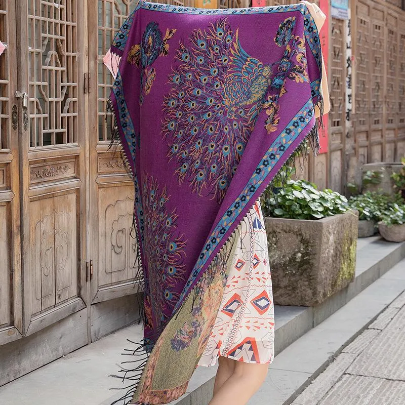 National Style Thickened Phoenix Double-sided Jacquard Cashmere Square Scarf Ladies Air Conditioning Shawl Scarf Dual-use.