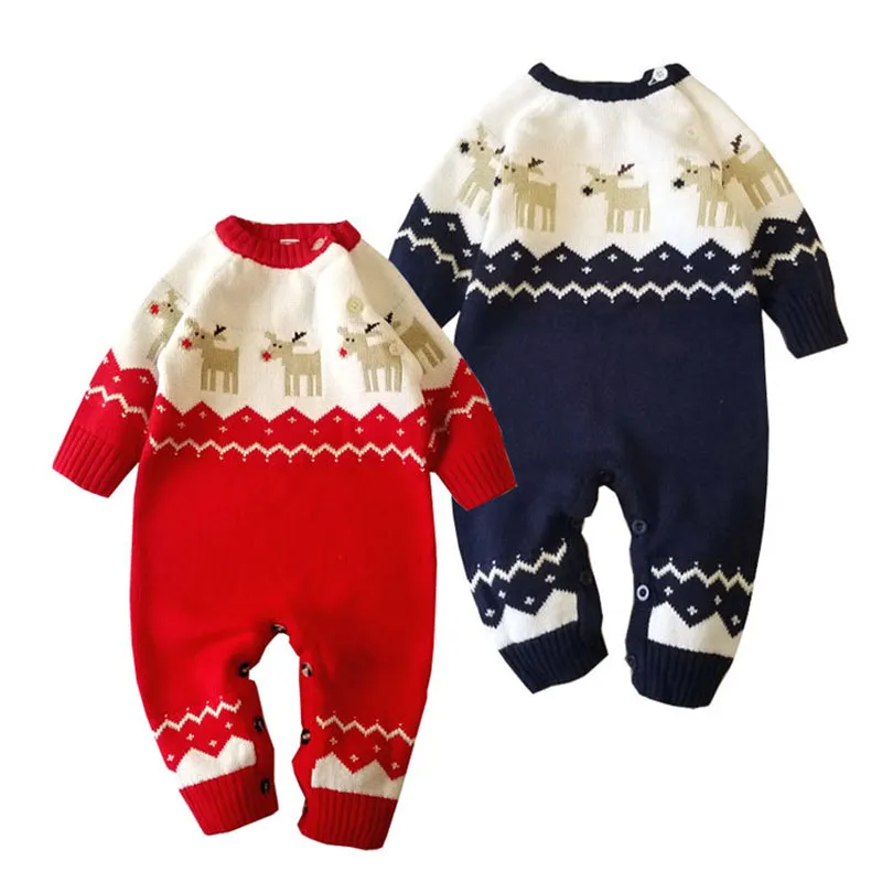 Newborn Baby Christmas Sweater Jumpsuit Toddler Reindeer Long Sleeve Knit Romper