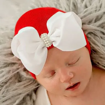 Noelle Red Hat with White Handmade Bow with Pearl and Rhinestone Center - Newborn girl hospital hat for Christmas babies