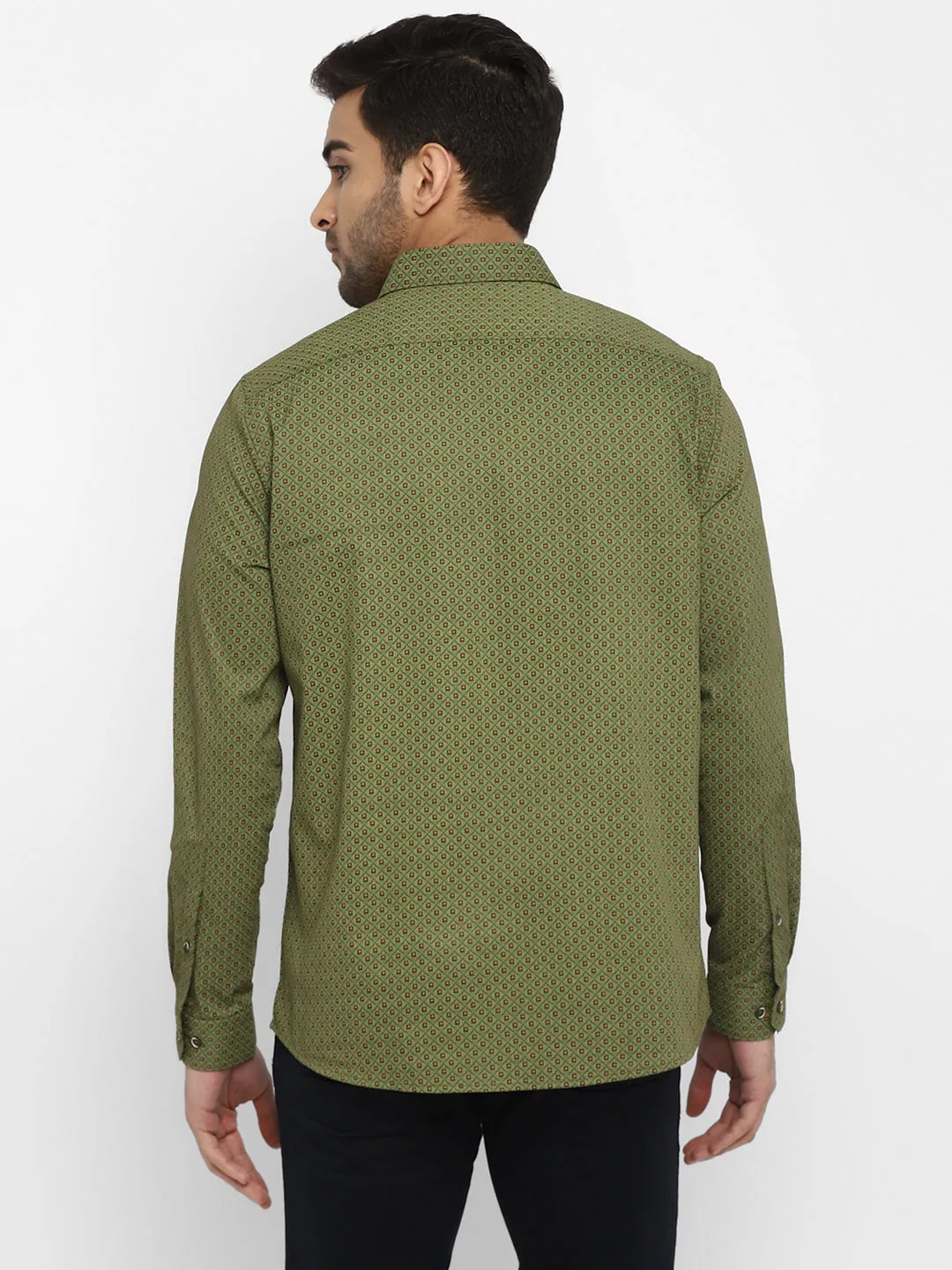 Olive Cotton Printed Slim Fit Shirts