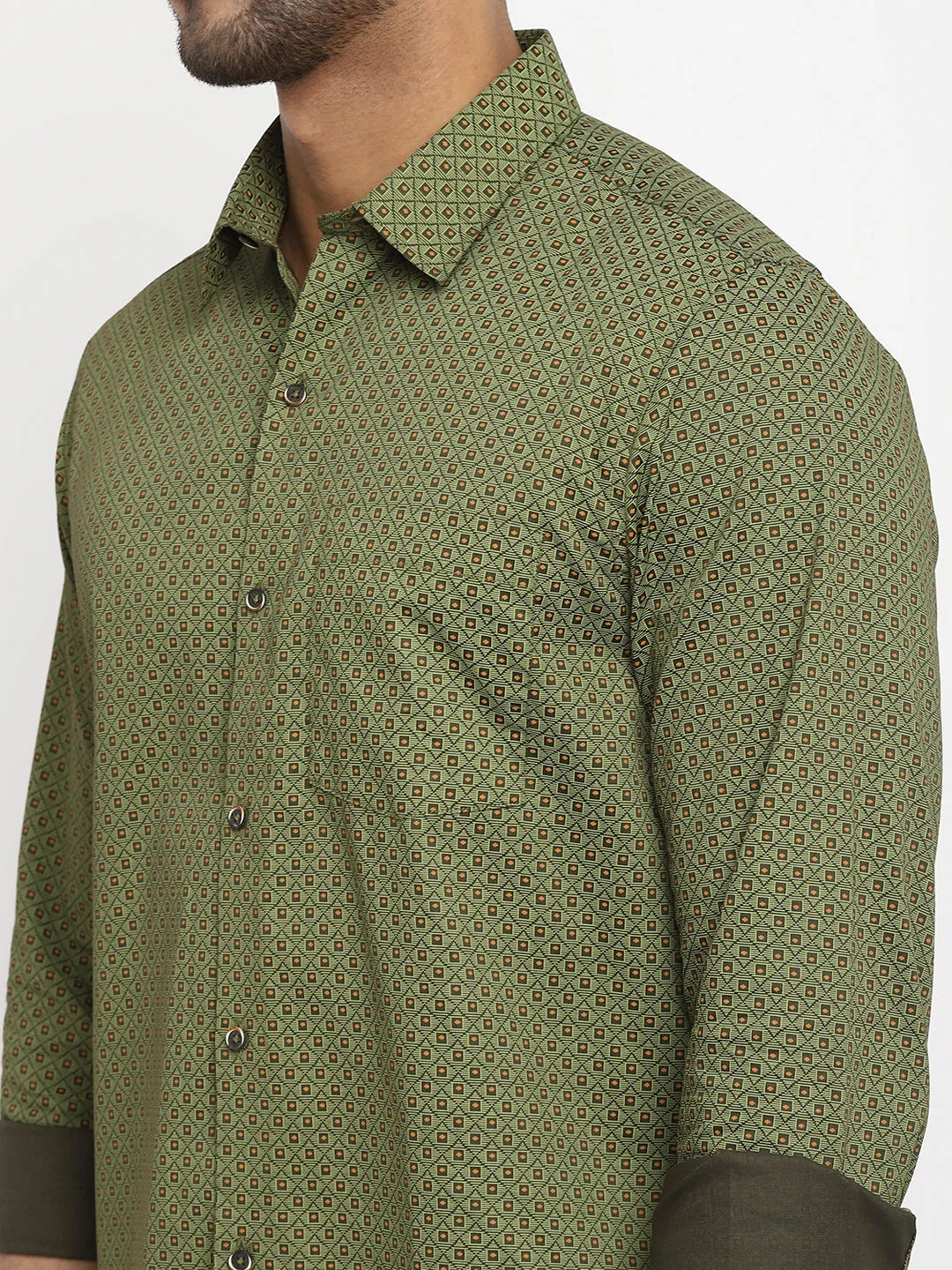 Olive Cotton Printed Slim Fit Shirts