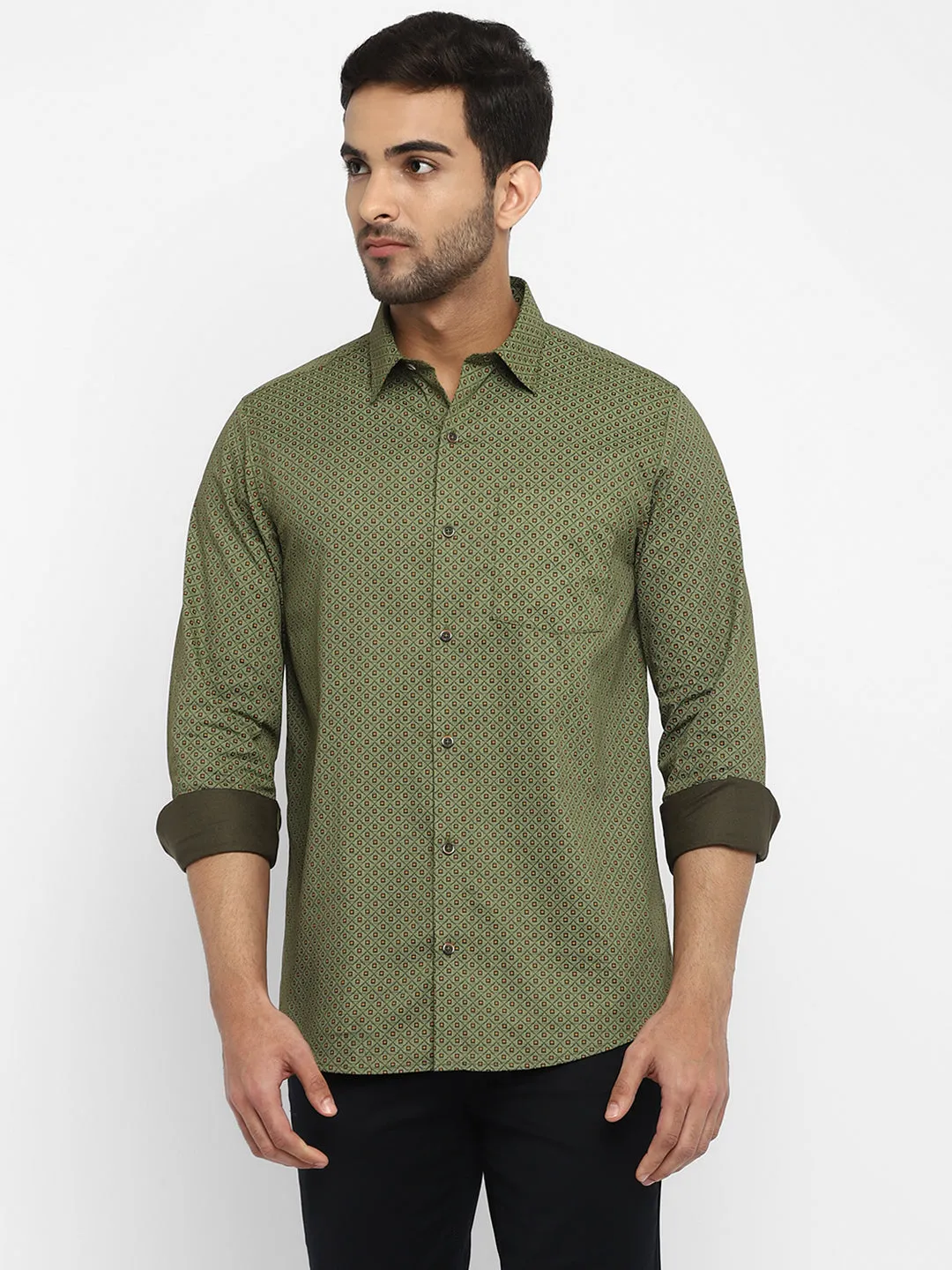 Olive Cotton Printed Slim Fit Shirts