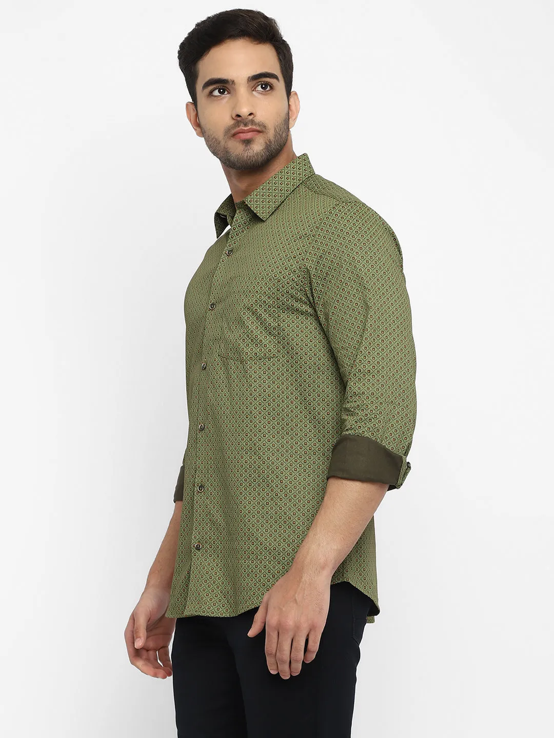 Olive Cotton Printed Slim Fit Shirts