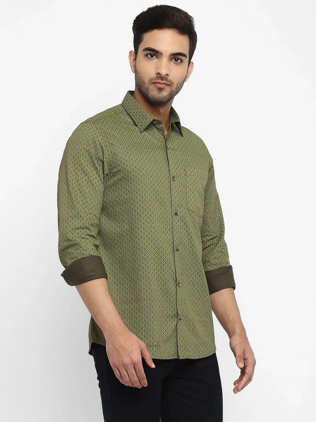 Olive Cotton Printed Slim Fit Shirts