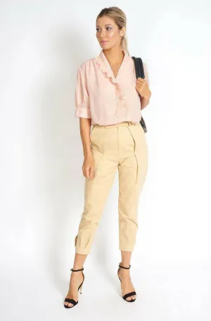 Pleated Beige Capri Pants