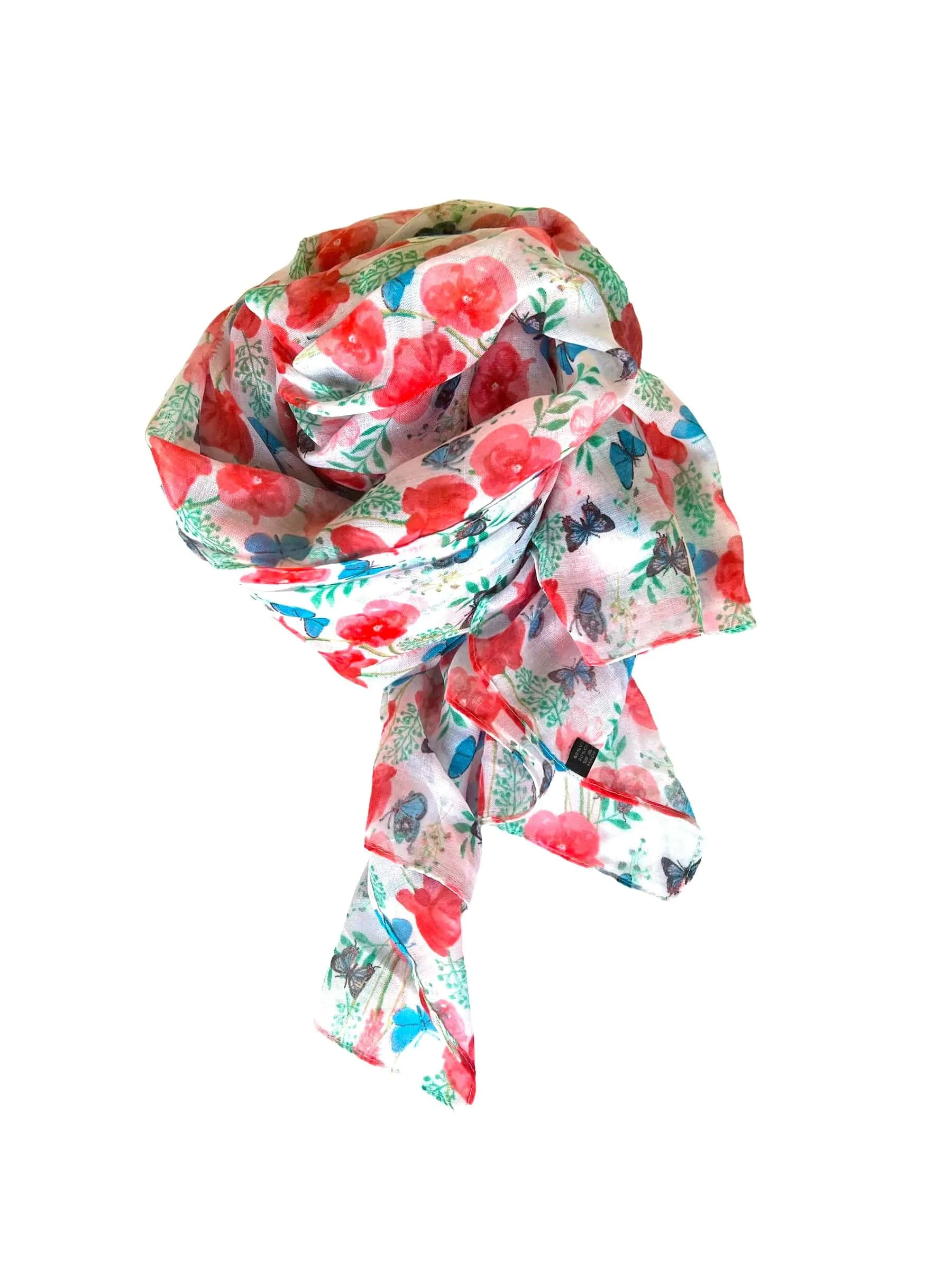 Red Floral Scarf Blue Butterfly