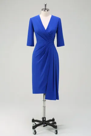 Royal Blue Ruched V Neck Wedding Guest Dress with Short Sleeves