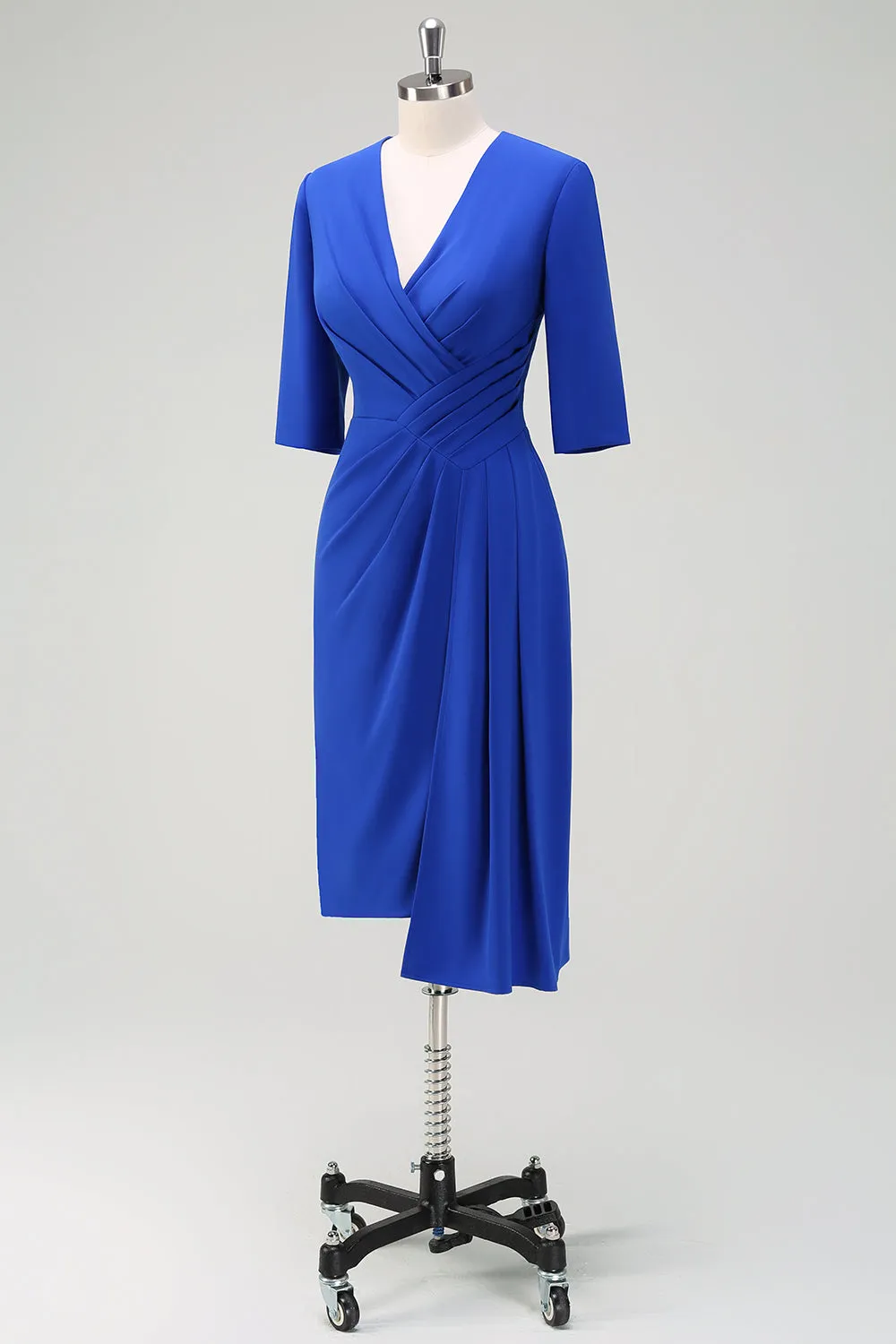 Royal Blue Ruched V Neck Wedding Guest Dress with Short Sleeves