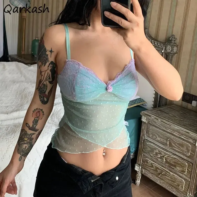 Sexy Mesh Camis Women Summer Polka Dot Flower Lace Patchwork Criss-cross Crop Tops American Style Slim Backless Hot Girls Chic