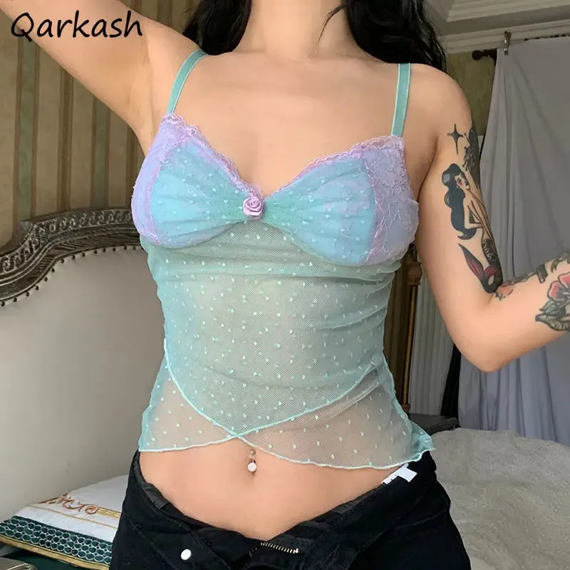 Sexy Mesh Camis Women Summer Polka Dot Flower Lace Patchwork Criss-cross Crop Tops American Style Slim Backless Hot Girls Chic