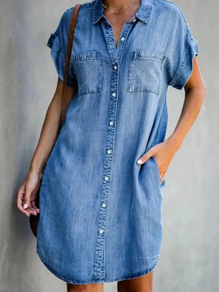 Single Breasted Denim Shirt Dress Women's Simple Retro