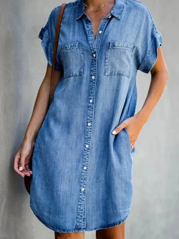 Single Breasted Denim Shirt Dress Women's Simple Retro