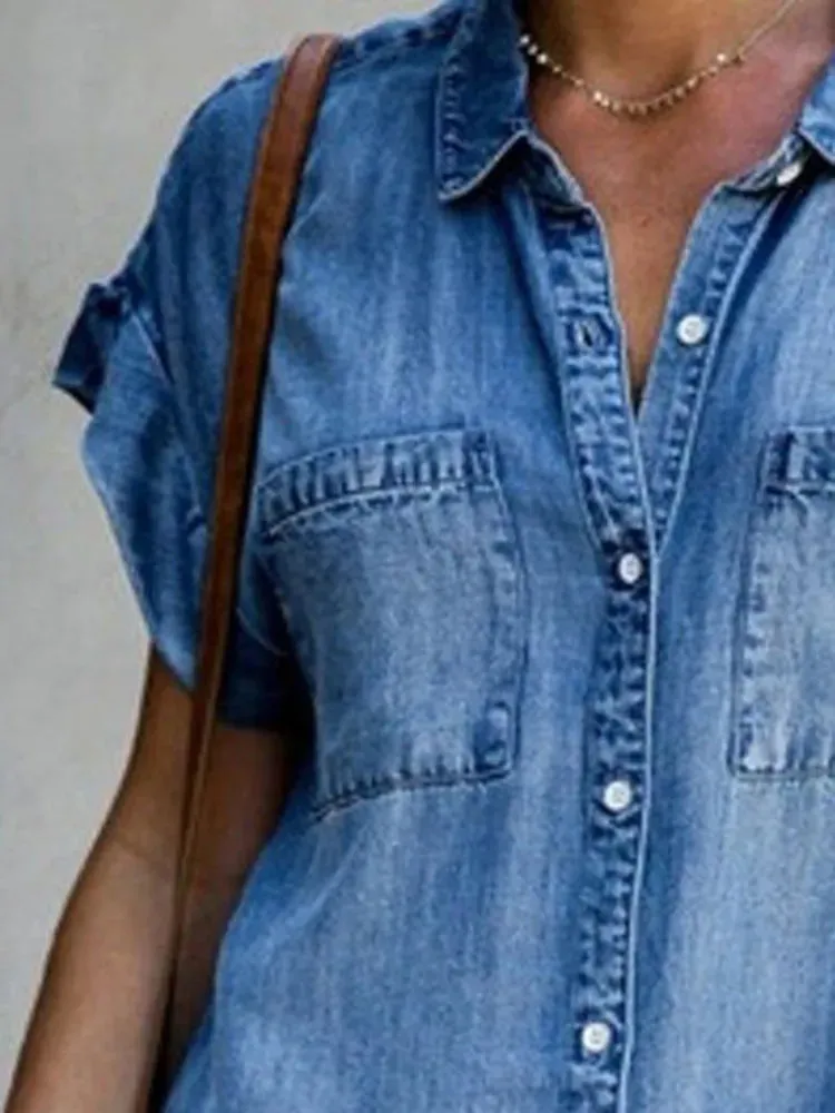 Single Breasted Denim Shirt Dress Women's Simple Retro