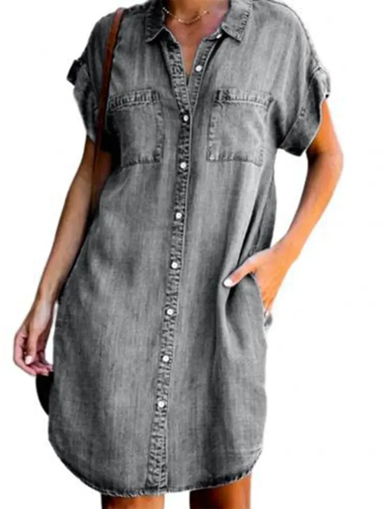 Single Breasted Denim Shirt Dress Women's Simple Retro