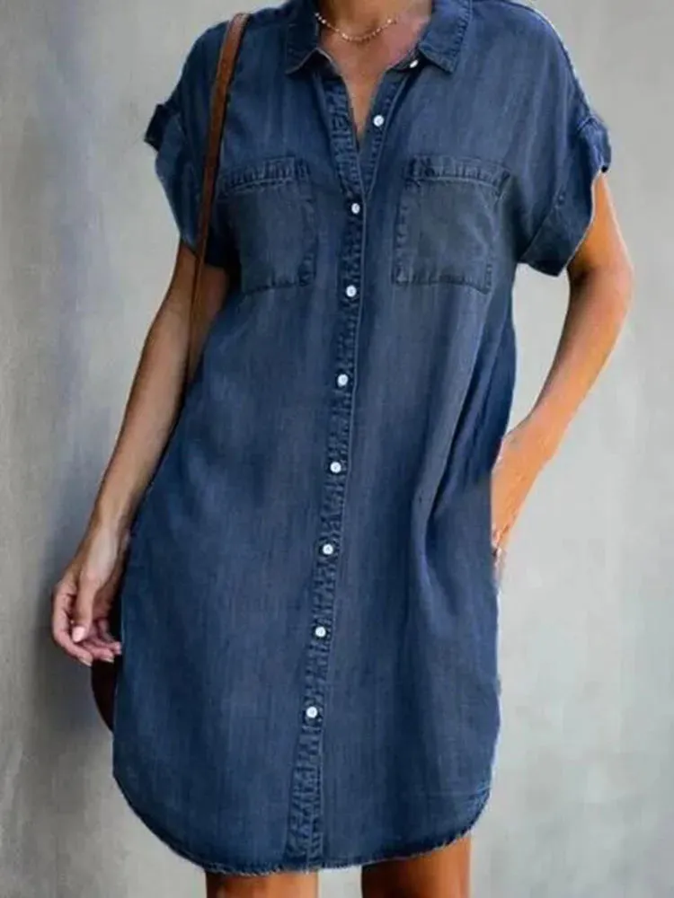 Single Breasted Denim Shirt Dress Women's Simple Retro