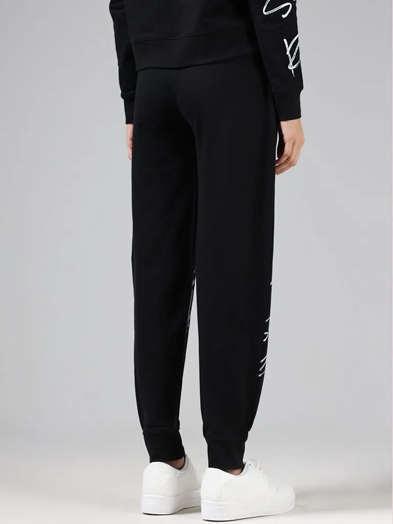 Studiofit Black Typographic Printed Cotton Joggers