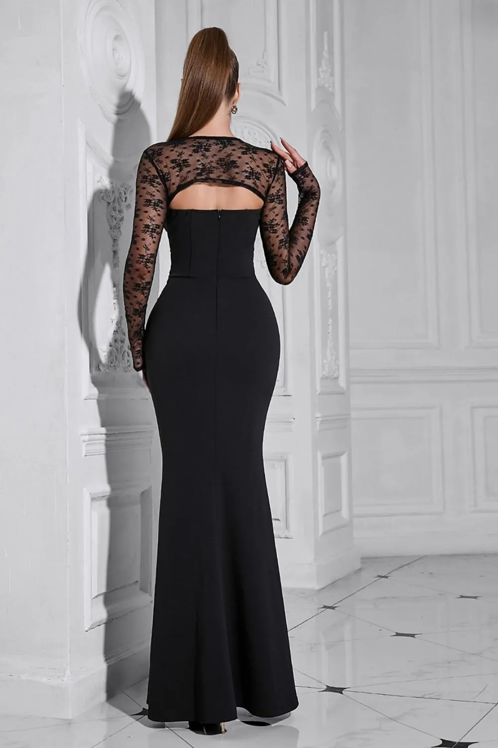 Stylish Black Tulle Sleeves Mermaid Hollow Out Maxi Dress