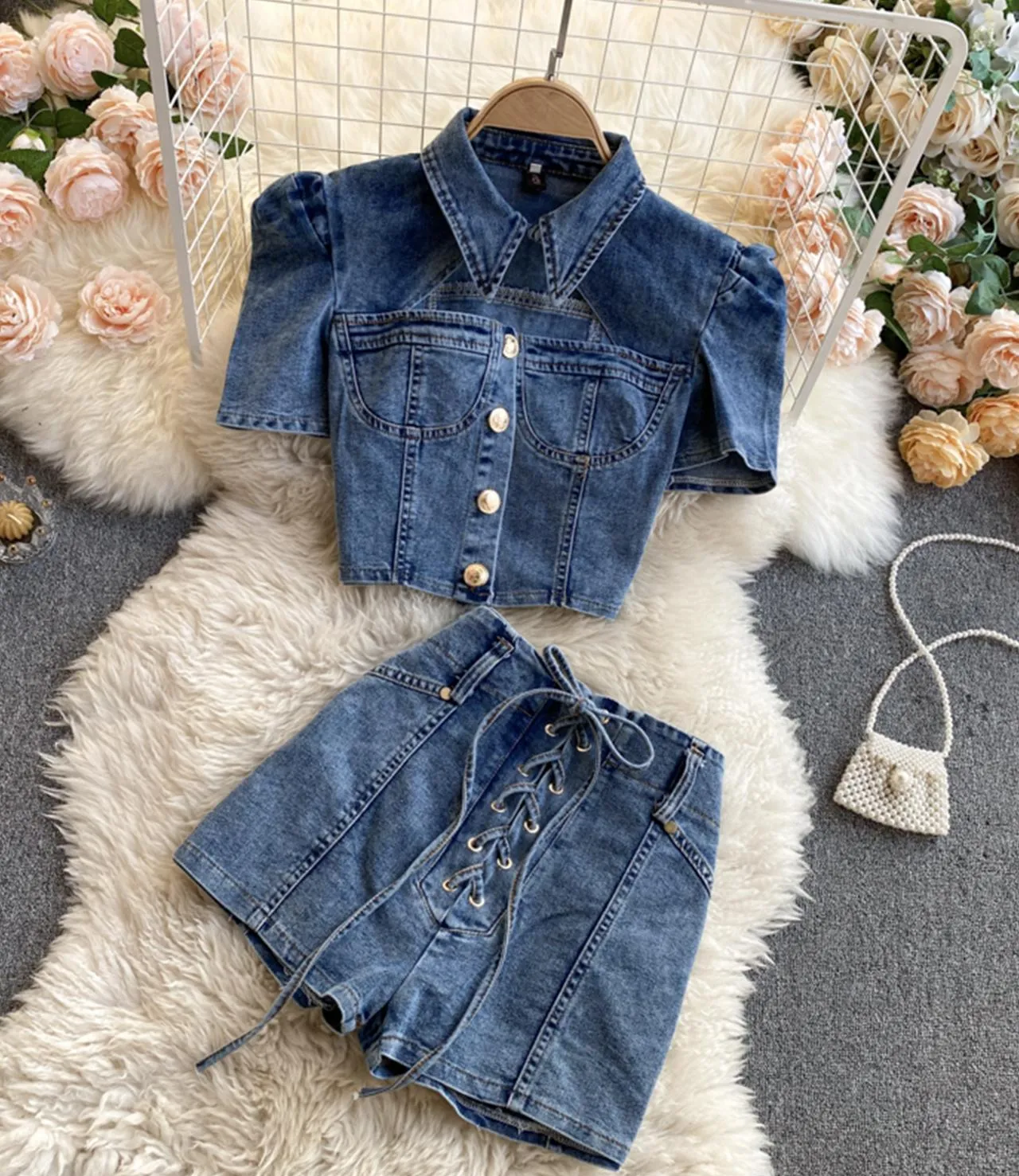 Stylish two-piece suit denim tops   short lace up shorts  S59