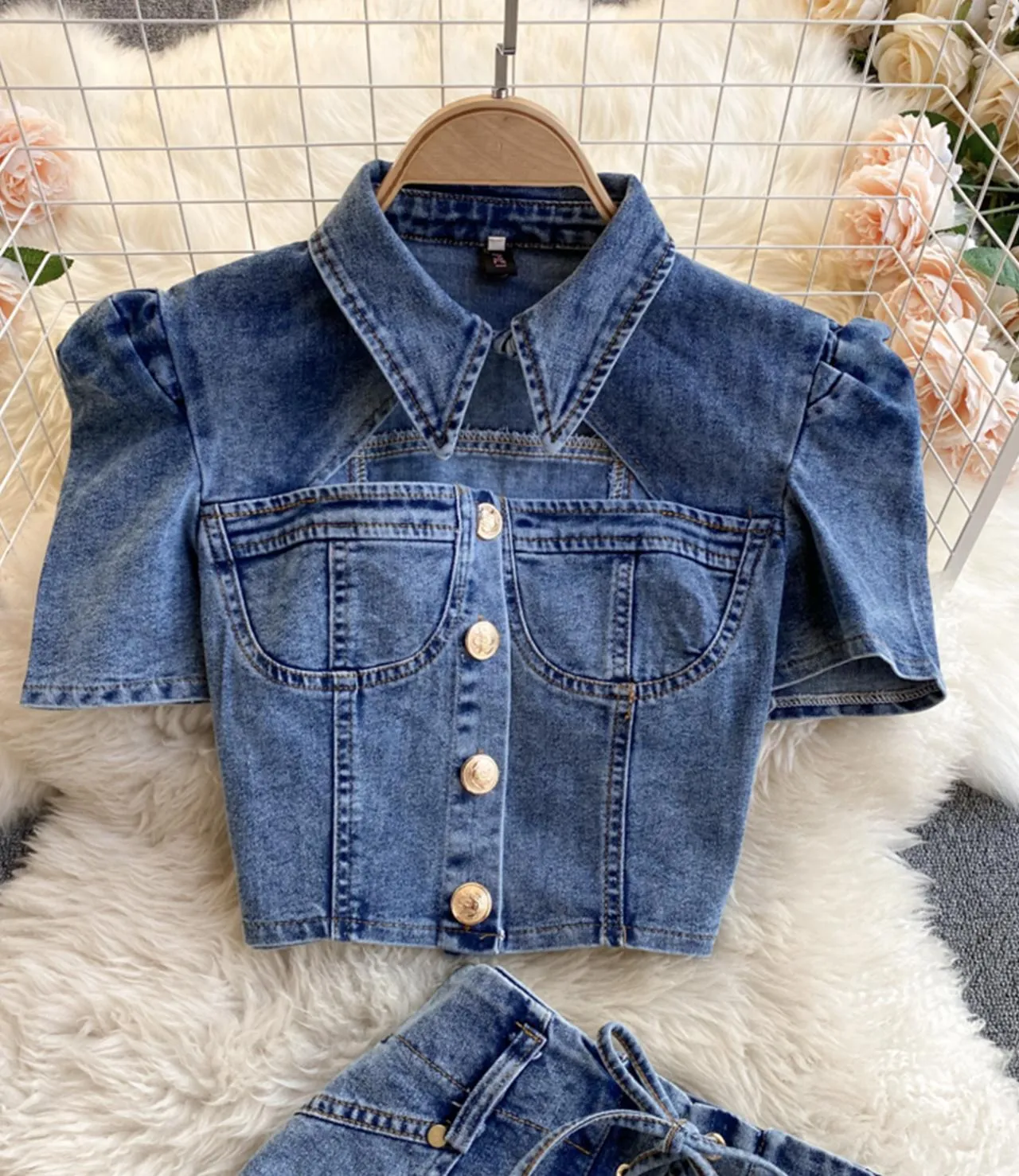 Stylish two-piece suit denim tops   short lace up shorts  S59