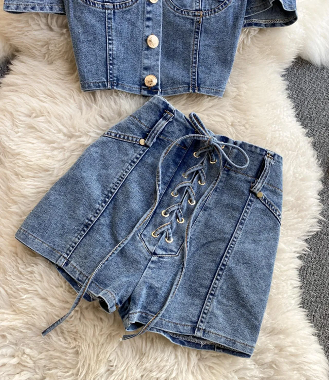 Stylish two-piece suit denim tops   short lace up shorts  S59